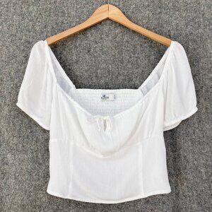 Hollister Womens Puff Sleeve Crop Top S White Babydoll Smocked Y2K Cottagecore